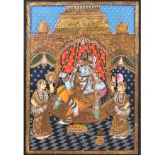 Tanjore Painting of Krishna With  Bama and Rukmani With Frame