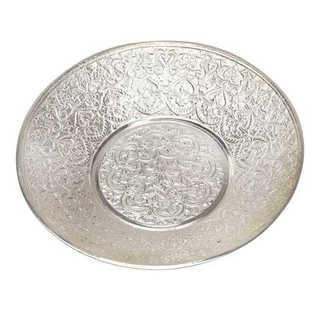 Handmade Silver Plated Brass Embossed Flower Motif Plate