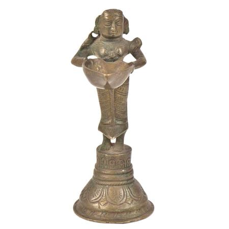 Bronze Lady Holding A Diya In Her Hand With a Vintage Look