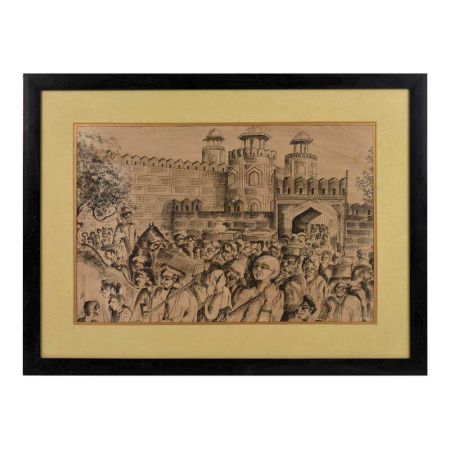 Procession of Indians at Red Fort Delhi  lithograph In Frame