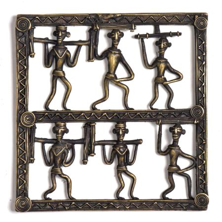 Bronze Tribal Wall Art Hanging 6 Men Holding Wood In Different Ways