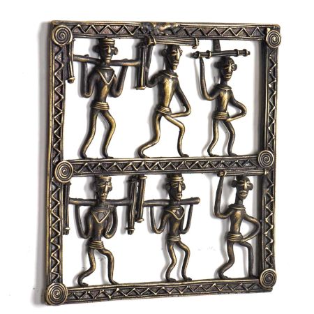 Bronze Tribal Wall Art Hanging 6 Men Holding Wood In Different Ways