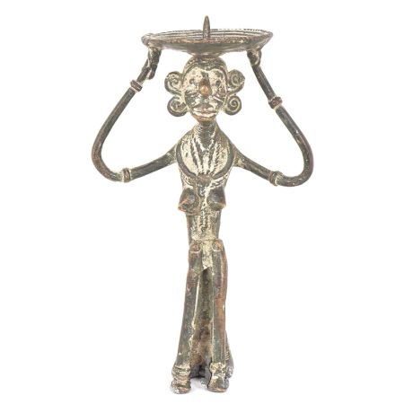 Bronze Tribal Candle Holder Lady Sitting On Raised Platform