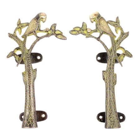 Decorative Green Parrot Brass Door Handle - Set of 2