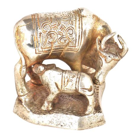 Brass Silver Plated Cow Feeding Her Calf