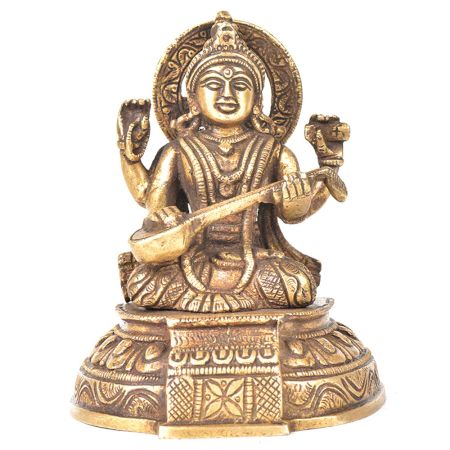 Brass Goddess Sarswati Sitting On A Raised Platform