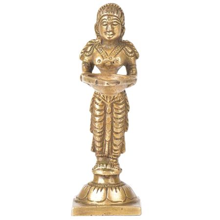 Brass Lady Standing On A Raised Platform Holding A Diya