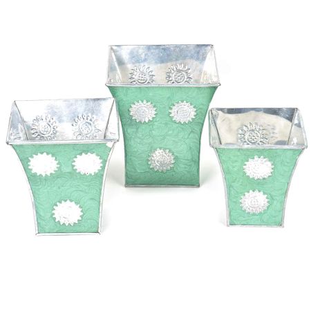 Green Silver Engraved Metal Flower Pots and Planters In Set Of 3
