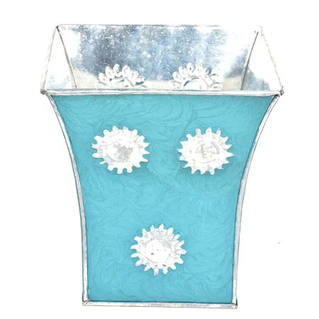 Blue Silver Engraved Metal Flower Pots and Planters In Set Of 3