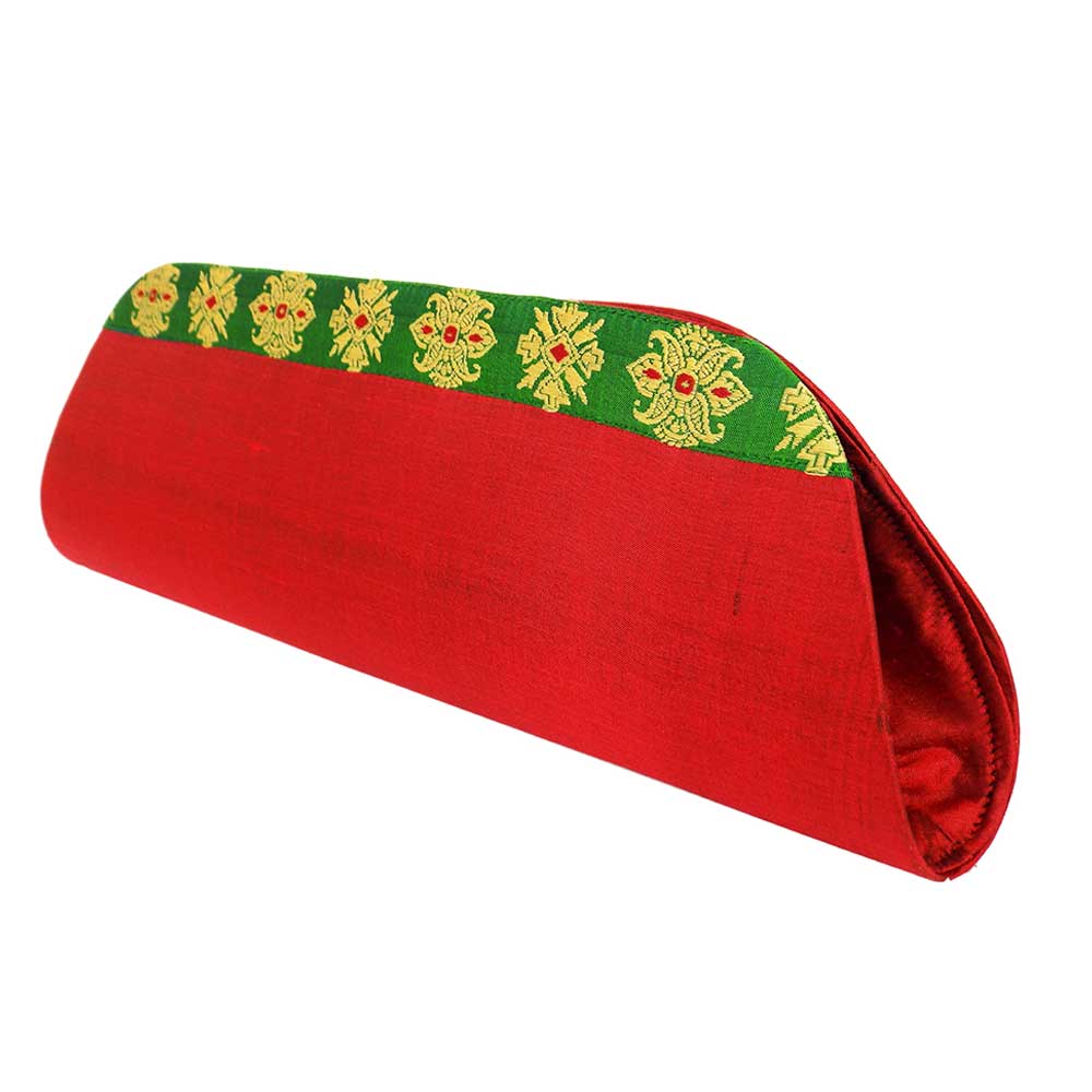 Red Color Handloom Silk Clutch Bag with Baluchari Motif Weave