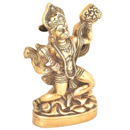 Handcrafted Brass Hanuman Statue Holding Mountain Of Herbs