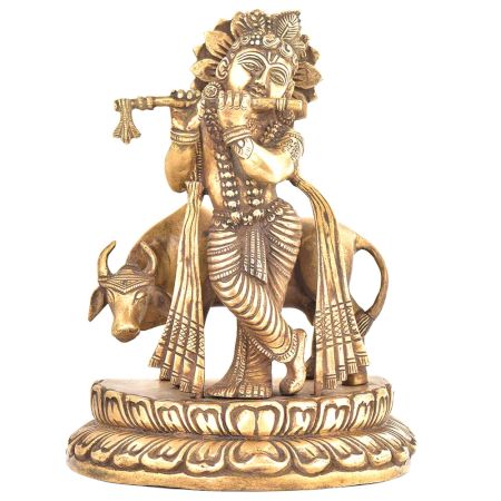 Brass Statue Of Lord Krishna Playing Flute With Cow