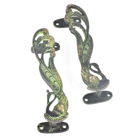 Brass Indian Peacock Door Handles With Patina(Set Of 2)