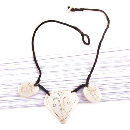 Engraved Figure 3 White Shell Necklace with Black Cord