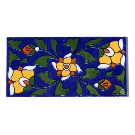 Navy Blue And Yellow Ceramic Tile With Flower And Leafs
