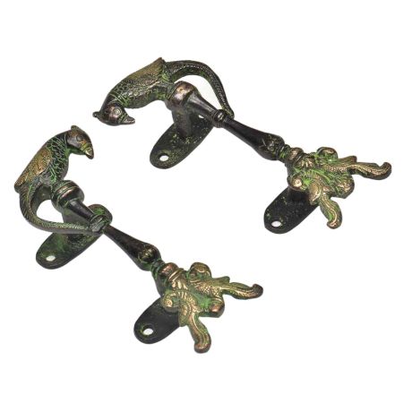 Patina Rich Two Brass Peacocks With Brass Parrot On Top Door Handle (In Pair)