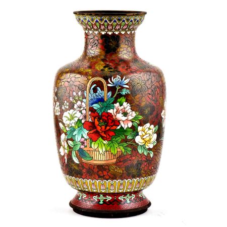 A  Cloisonne Enameled  Vase Decorated With Flowers on a Red Ground