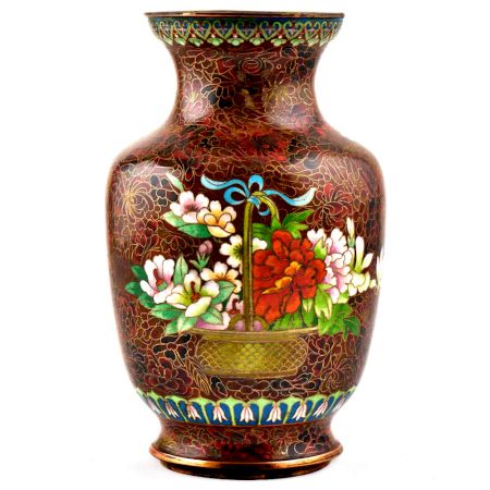 Vintage Rust W Orange Lotus Flower Pink Butterfly Cloisonne Vase