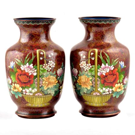Cloisonne Vases  Rust Floral Ground Polychrome Flower Baskets(Set of 2)