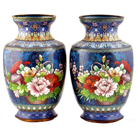 Pair of Cloisonne Vases  Blue Floral Ground With Polychrome Flower Baskets(Set of 2)