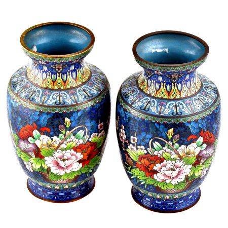 Pair of Cloisonne Vases  Blue Floral Ground With Polychrome Flower Baskets(Set of 2)