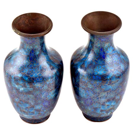 Blue Cloisonne Floral Ground With Delicate Green Flowers(Set Of 2)