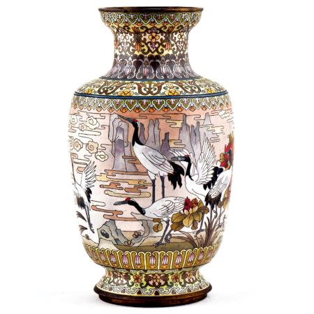 White Cloisonne Enameled  Vase White with Birds and Flowers