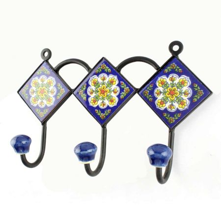 Navy Blue And Yellow Tiny Flower Ceramic Tiles Hook