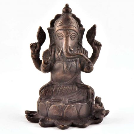 Brass Ganesha Seated In Lotus With Mooshak Statue 