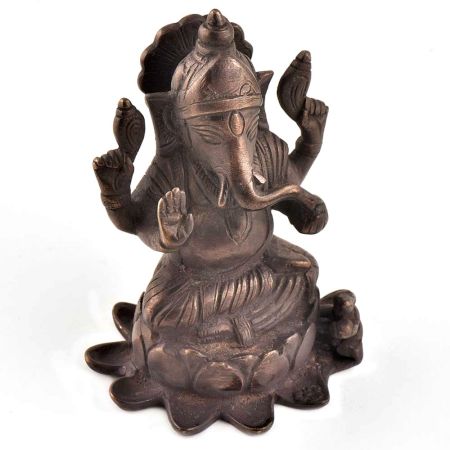 Brass Ganesha Seated In Lotus With Mooshak Statue 