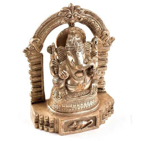 Sitting Lord Ganesh Ji Statue With Temple Arch In Brass