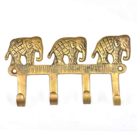 Brass Key Holder for 4 keys Wall Decor 3 Elephants Design