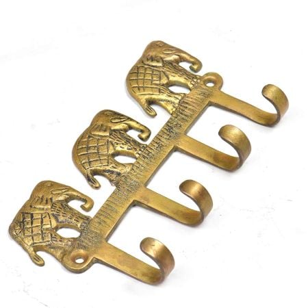 Brass Key Holder for 4 keys Wall Decor 3 Elephants Design