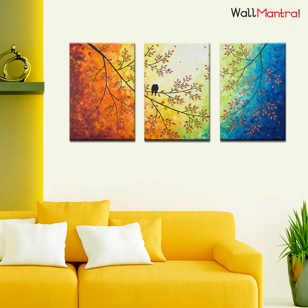 Colorful Painting Love Bird on a Branch Premium Quality Canvas Wall Hanging