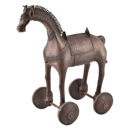 Tribal Brass Horse on Rolling wheels 