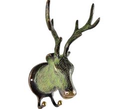 Green Patina Brass Deer or Elk Head with Antlers Two Hooks
