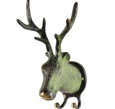 Green Patina Brass Deer or Elk Head with Antlers Two Hooks