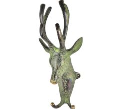 Brass Deer Head with Two Hooks And Green Patina