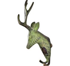 Brass Deer Head with Two Hooks And Green Patina