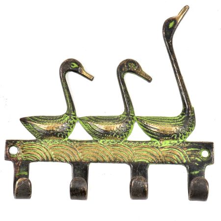 Brass Three Ducks Four Wall Hooks With Patina