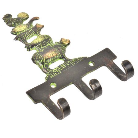 Brass Wall Key Holder Cow Pig Dog Duck Rooster Farm Animals 3 hooks With Patina