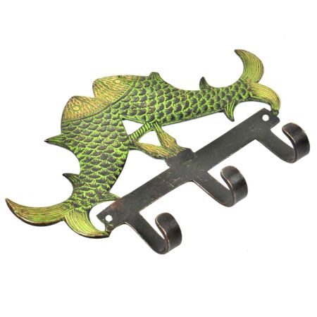 Decorative Paired 3 Brass Fish Wall Hook With Patina