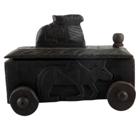 Handcrafted Old Nandi Wooden Box  With Wheels For Storage