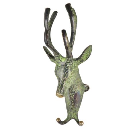 Brass Deer Head with Two Hooks And Green Patina