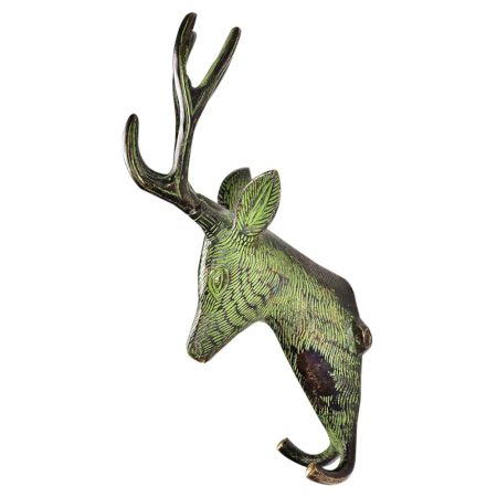 Brass Deer Head with Two Hooks And Green Patina