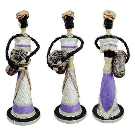 African Doll Showpiece In Purple With Holding Basket With Two Hands
