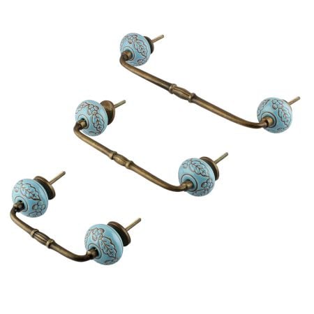 Turquoise Base Brown Leaf Flower Etched Ceramic Bridge Handle