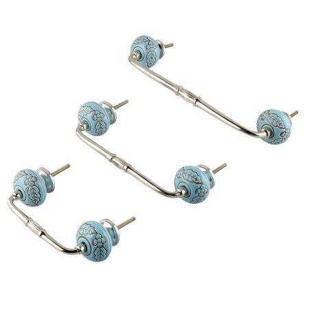 Turquoise Base Brown Leaf Flower Etched Ceramic Bridge Handle