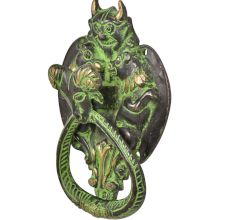 Handmade Brass Demon Two Lions Ram Head Door Knocker With Green Patina
