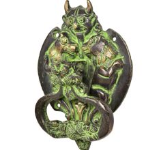 Brass Demon Two Elephants Dragon Head Door Knocker With Green Patina